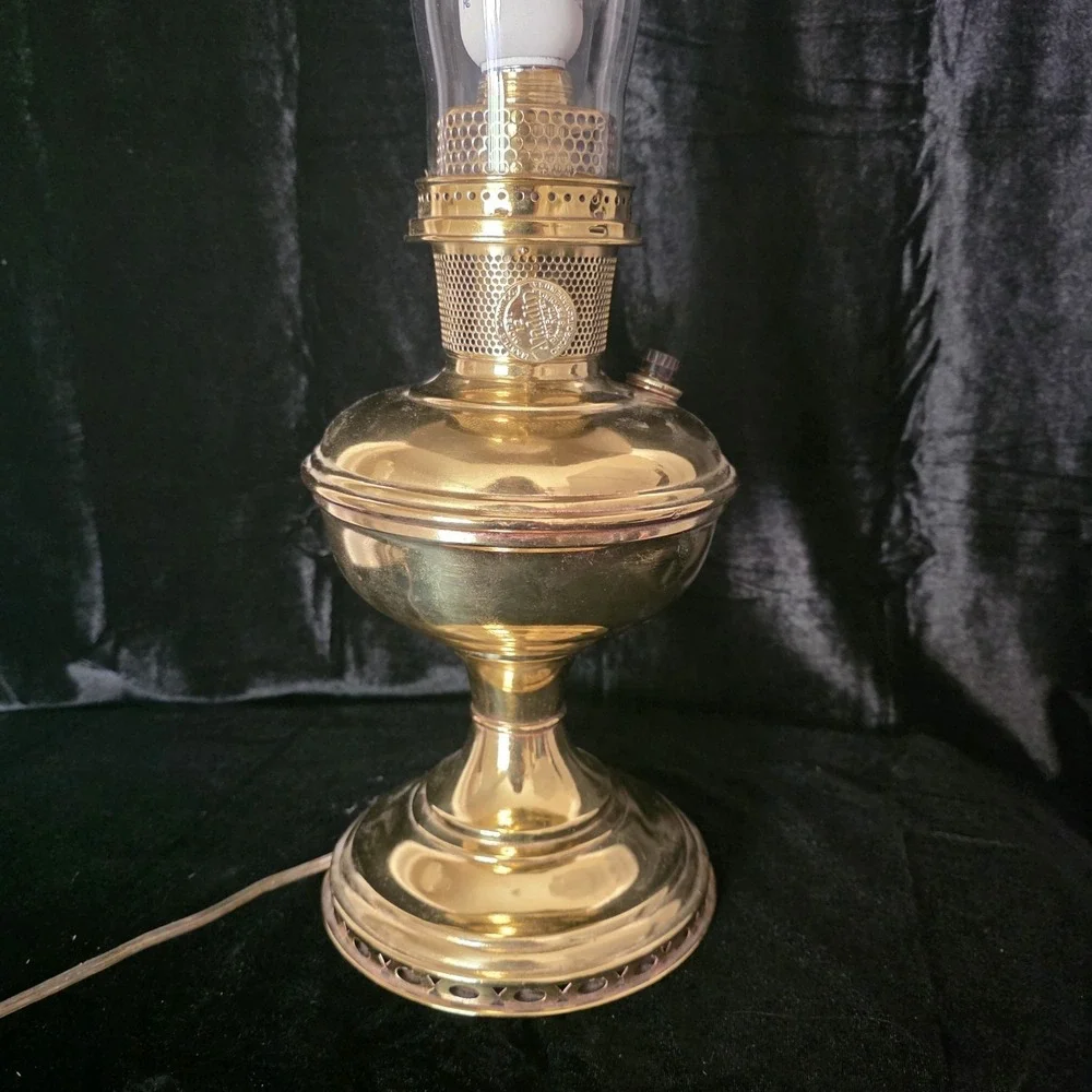 VTG Aladdin 12 Brass Oil to Electric Lamp, Lox-on Chimney & Cut-out Floral Shade